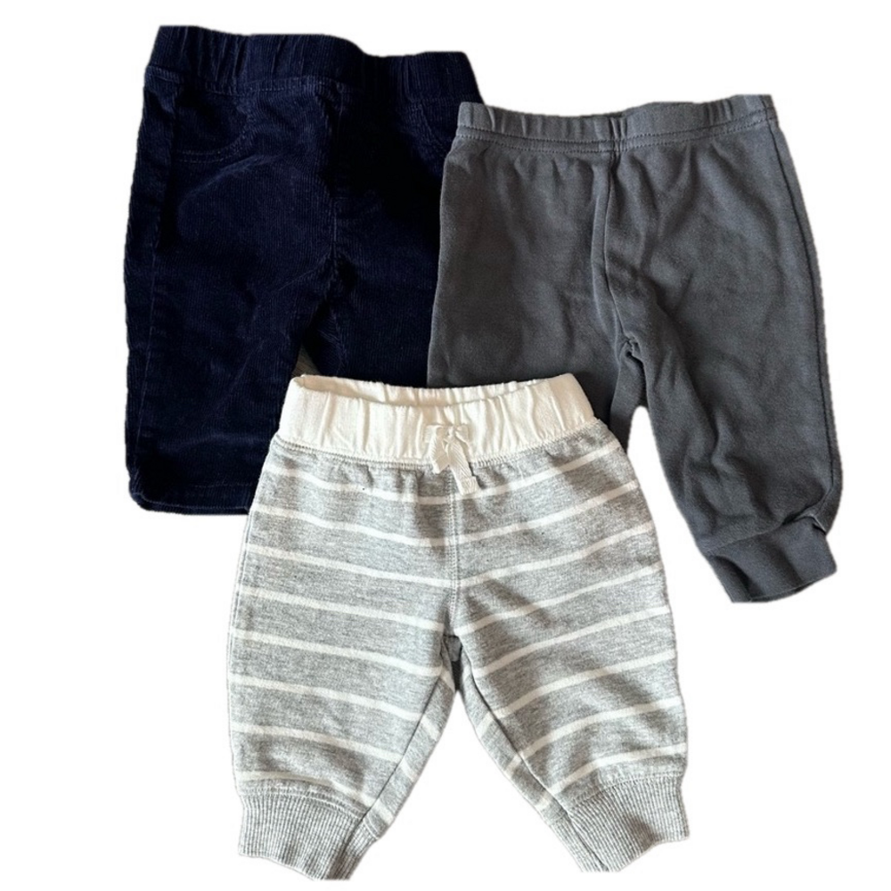 4/20$ Set of 3 baby pants 0-3months (navy, grey striped and dark grey)